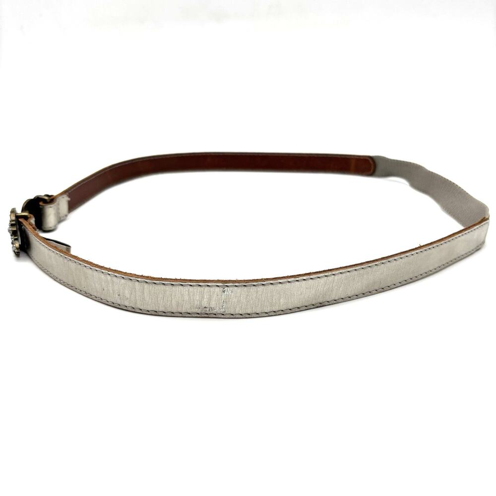 Y2K Fossil Silver Leather Brass Rhinestone Buckle Stretch Waist Belt L 36-38" - Picture 2 of 12